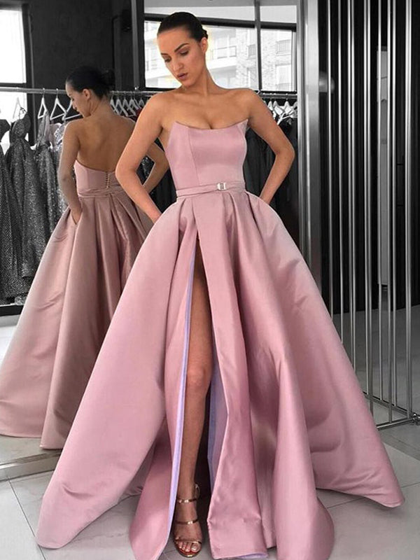 Dusty Pink Satin Strapless Pockets Ball Gown Prom Dresses,PD00151 ...