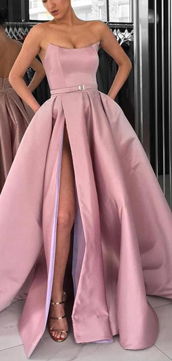 Dusty Pink Satin Strapless Pockets Ball Gown Prom Dresses Pd00151 Alinebridal