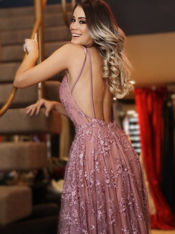 Dusty Rose Lace Sexy Backless Spaghetti Strap A Line Party