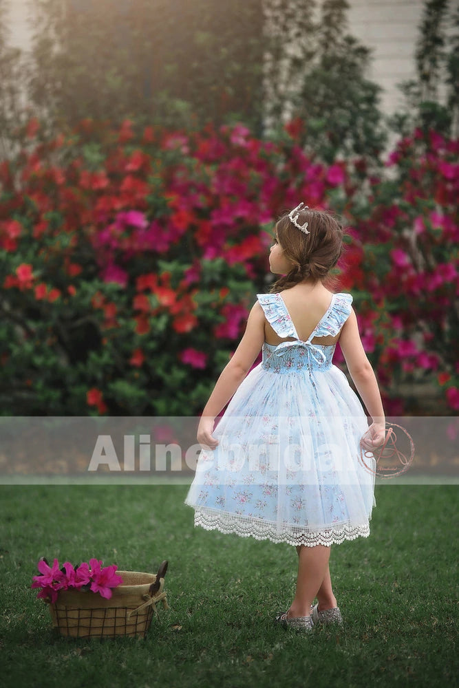 Fashion Blue Floral Ivory Lace Country Wedding Flower Girl Dresses