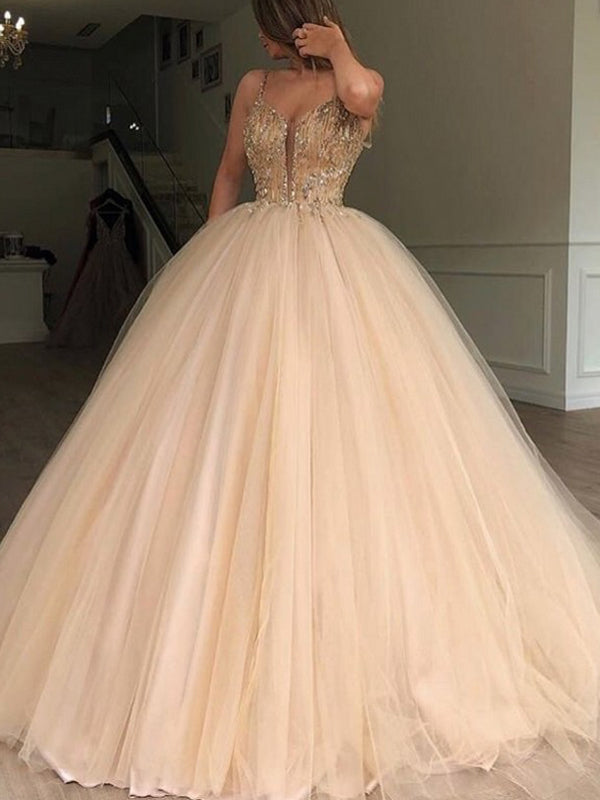 Gold Beading Tulle Ball Gown Princess 