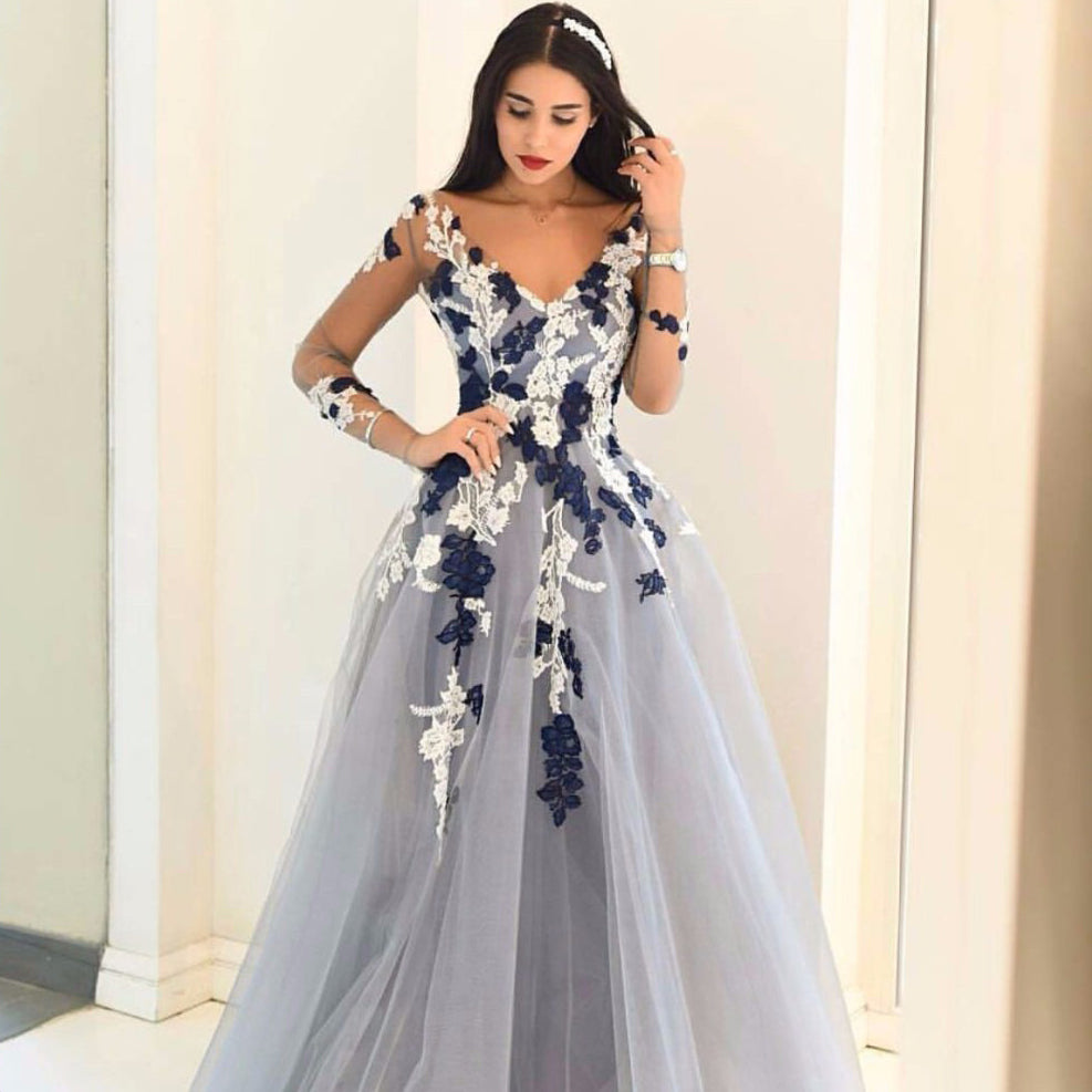 Long Sleeves Appliqued Ball Gown V-Neck Unique Formal Prom Dress. PD03 ...
