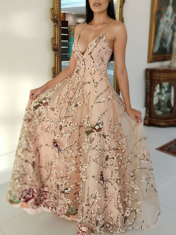 embroidered floral prom dress