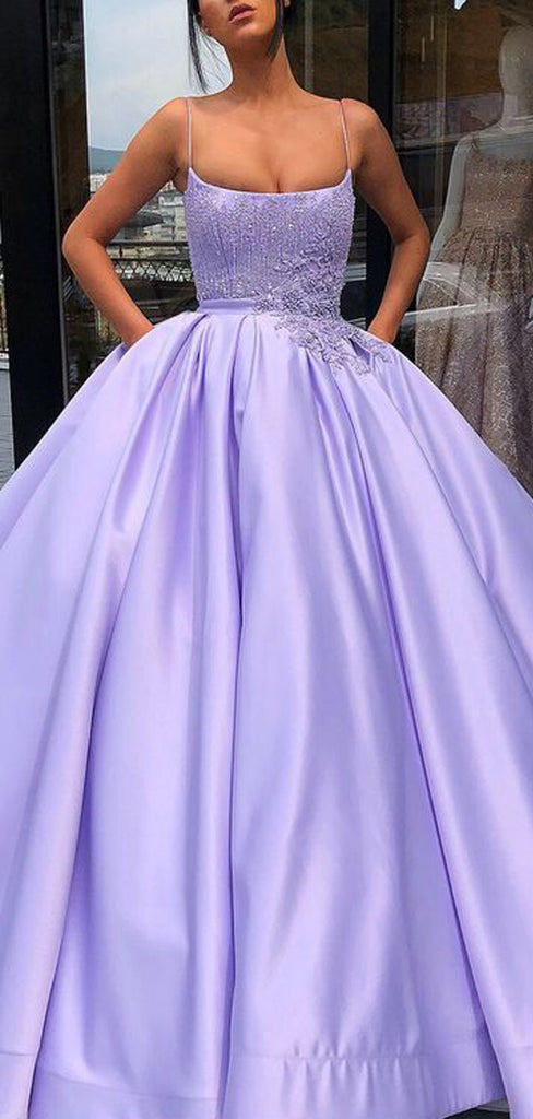 Lilac Satin Beading Applique Spaghetti Strap Ball Gown Prom Dresses,PD ...