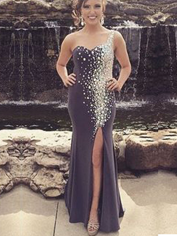 Long Custom One Shoulder Sparkly Mermaid Side Slit Evening Party Prom ...