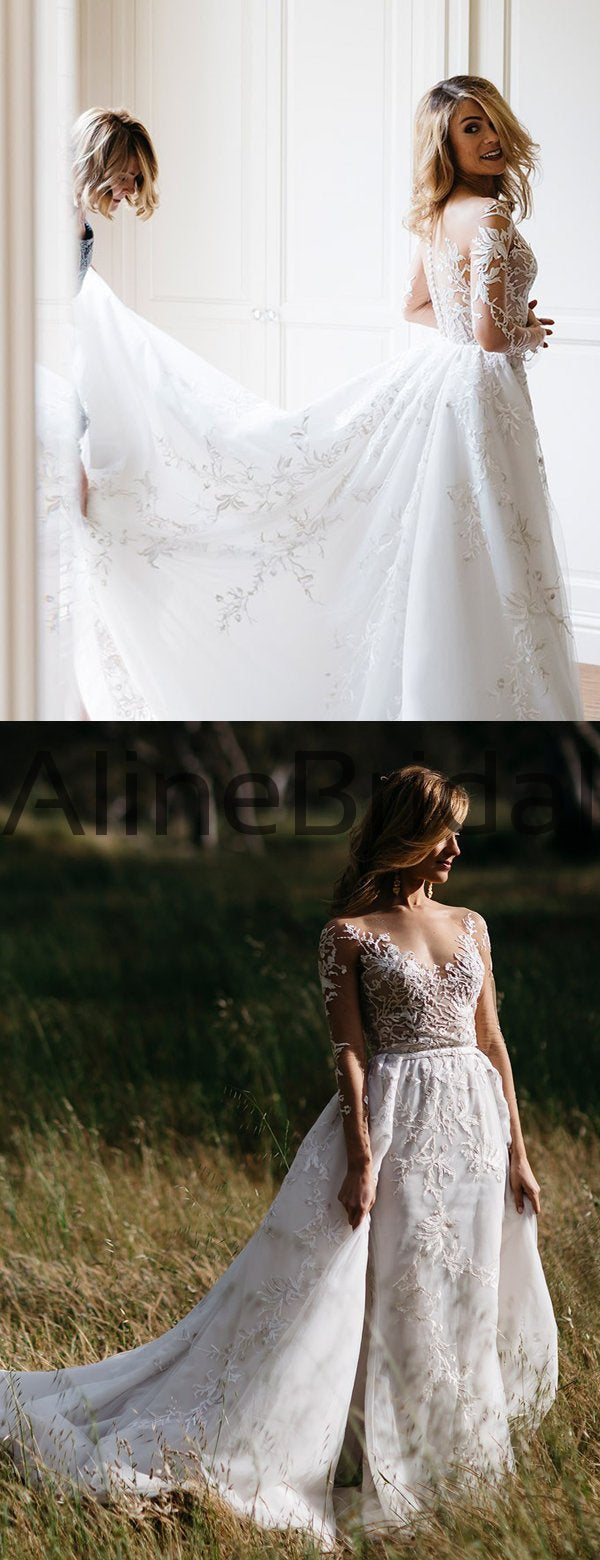 Long Sleeve Illusion lace Top Detachable Overskirt Wedding Dresses, AB ...