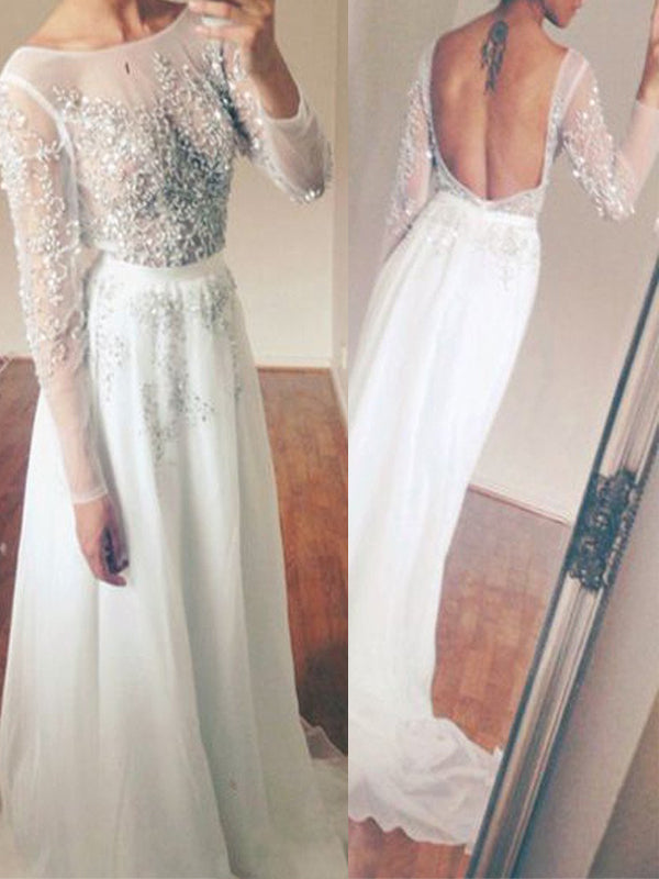Long Sleeve White Tulle Beaded Sparkly Open Back Elegant Prom Gown. PD ...