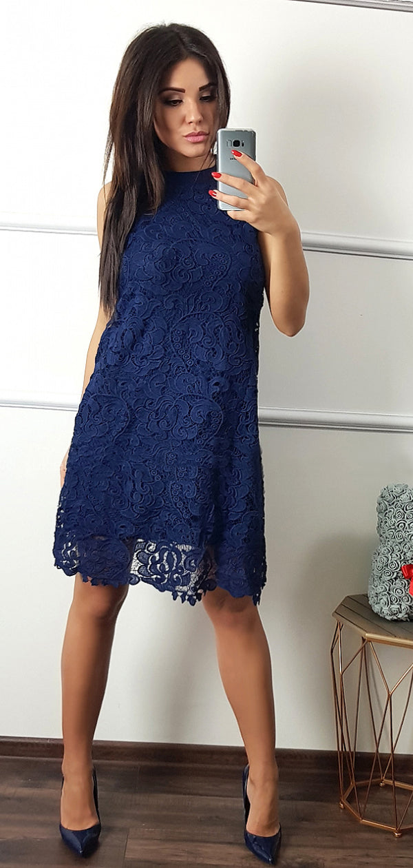 navy blue lace halter dress