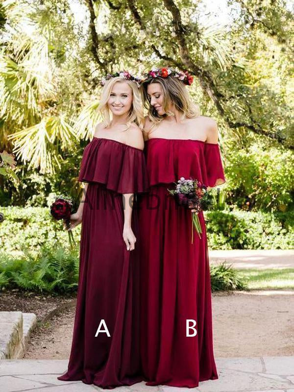 Off Shoulder Burgundy Chiffon Boho Wedding Bridesmaid Dresses, AB4084 ...