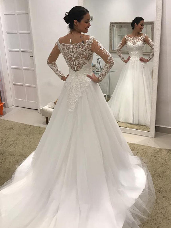 Off Shoulder Long Sleeve Lace Tulle Ball Gown Wedding Dresses , AB1507 ...
