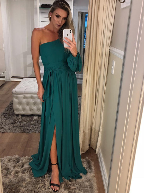 one shoulder chiffon dress long