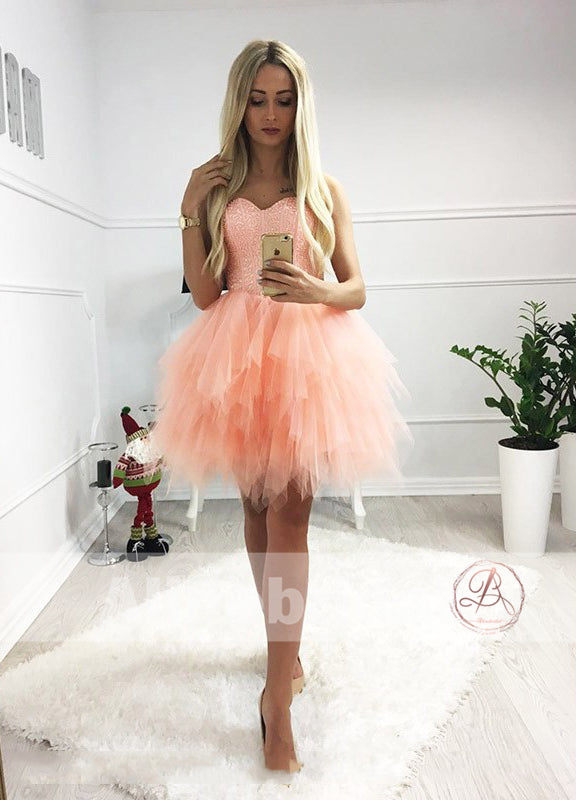 Orange Pink Sparkly Beaded Top Ruffles Tulle Strapless Homecoming Dres ...