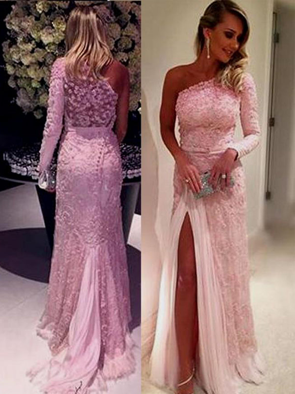Pink One Shoulder Appliques Long Sleeves Lace Vintage Prom Gown Dresse ...