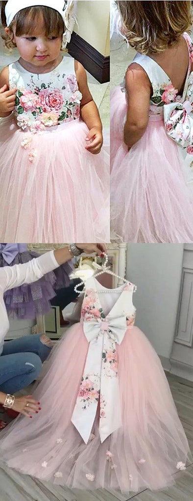 Pink Tulle Floral Satin Bowknot Ball Gown Flower Girl Dresses, FGS139 ...