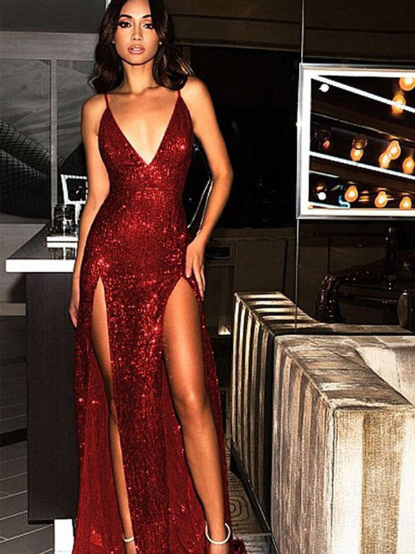 Red Sequin Spaghetti Strap Backless Silt Prom Dresses,PD00205 – AlineBridal