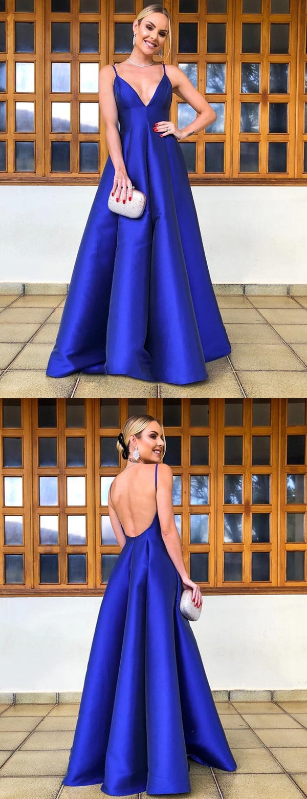 Royal Blue Satin Spaghetti Strap Scoop Backless A-line Prom Dresses,PD ...