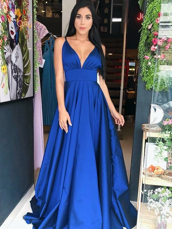 Royal Blue Satin Spaghetti Strap V-neck A-line Prom Dresses,PD00380 ...