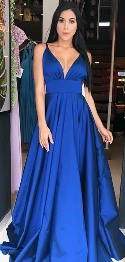 Royal Blue Satin Spaghetti Strap V-neck A-line Prom Dresses,PD00380 ...
