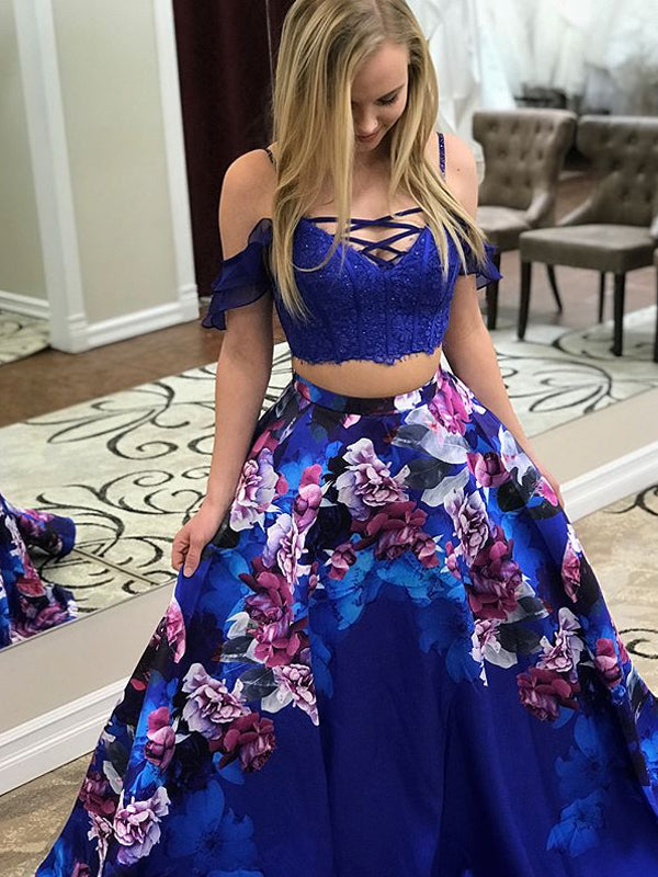 royal blue floral prom dress