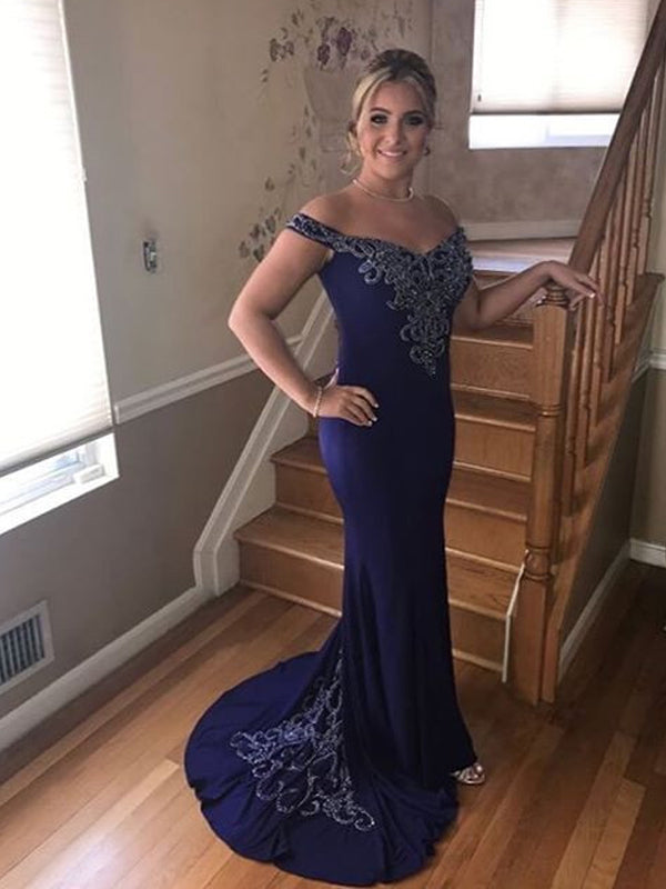 Sexy Charming Royal Blue Off Shoulder Appliques Mermaid Formal Evening ...