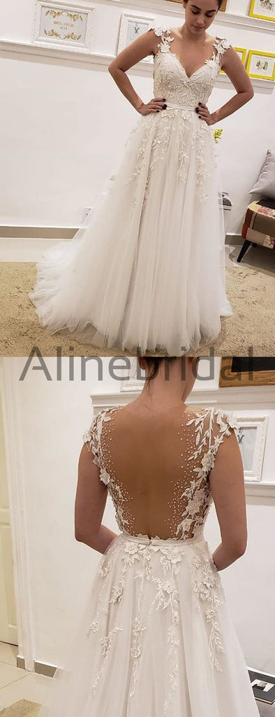 Simple Tulle Lace Illusion Back A Line Wedding Dresses Ab1506 Alinebridal 