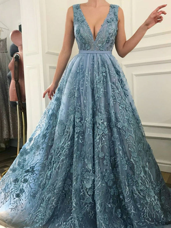 Sky Blue Lace With Beads V-neck Sleeveless Gorgeous Prom Dresses,PD000 ...
