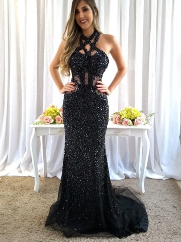 black glitter mermaid prom dress