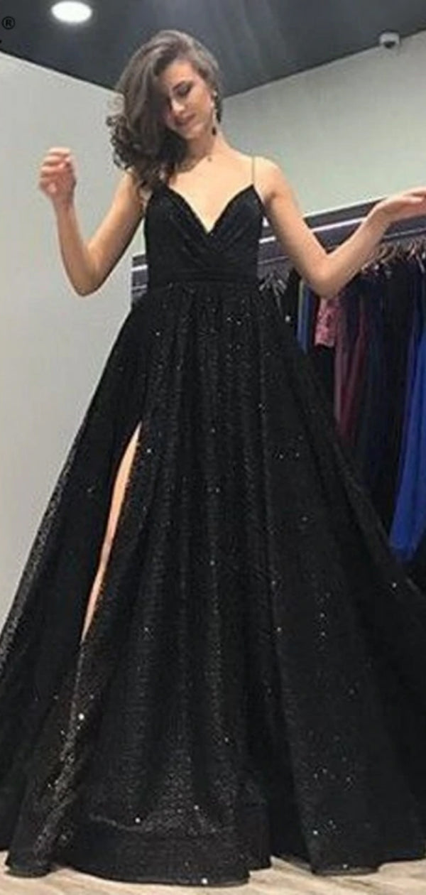 Sparkly Black Sequin Spaghetti Strap Prom Dresses,PD00154 – AlineBridal