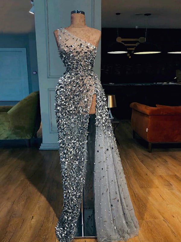 silver beaded prom dress