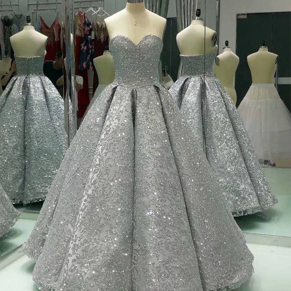 silver strapless prom dress