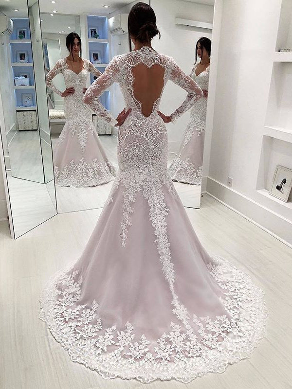 Stunning Lace Sequins Long Sleeve Mermaid Open Back Wedding Dresses