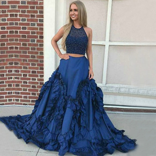 Two Piece Royal Blue Beaded A-line Gorgeous Bottom Sleeveless Prom Dre ...
