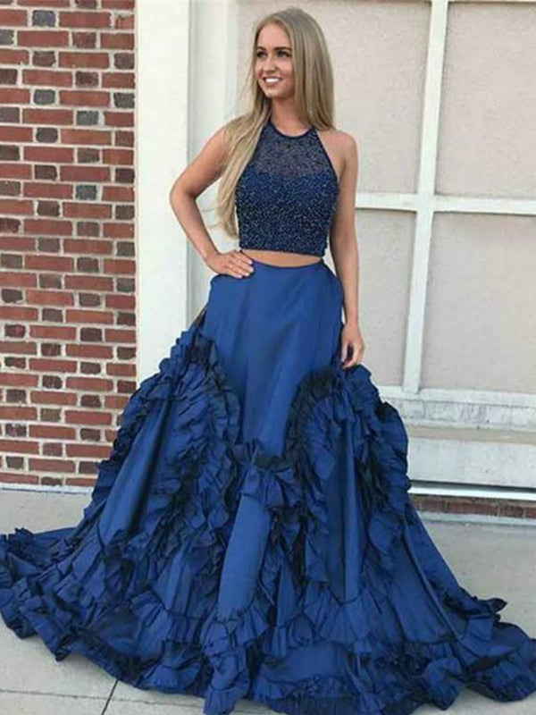 Two Piece Royal Blue Beaded A-line Gorgeous Bottom Sleeveless Prom Dre ...
