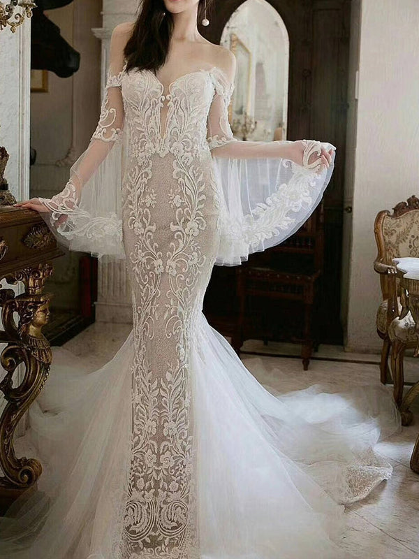 lace mermaid wedding dress off shoulder