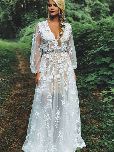 White Lace Illusion Long  Sleeve  Boho  Wedding  Dresses  