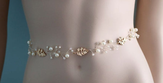 Bridal Sash Belt Wedding Sash Belt Golden Leaf Rhinestone Sash