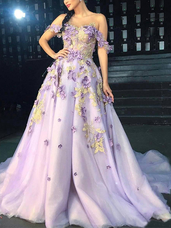 Lilac Off-shoulder Floral Dream A-line Long With Glitters Prom Dress ...