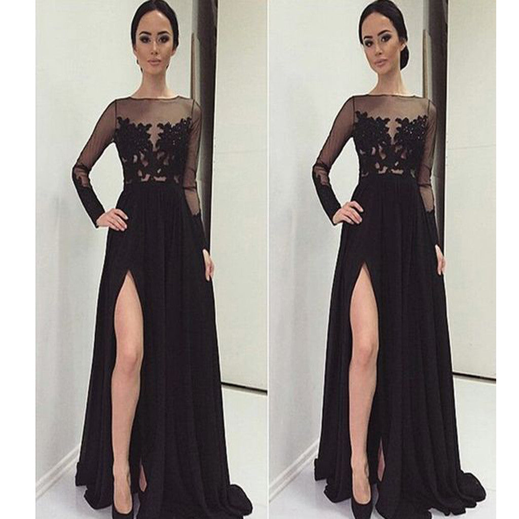 Long Sleeve Black With Slip Side Sexy Appliques Charming Evening Dress ...