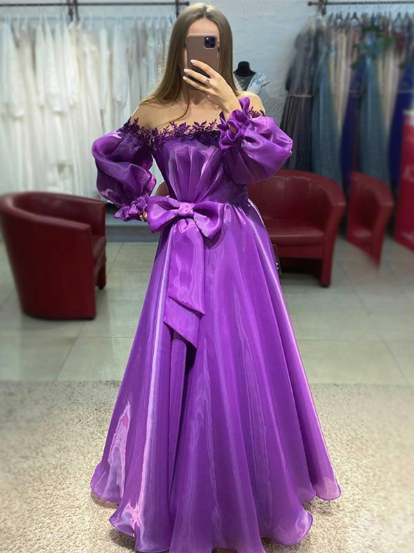 Purple Off-shoulder Long-sleeves A-line Laser Chiffon With Bow Tie Pro ...