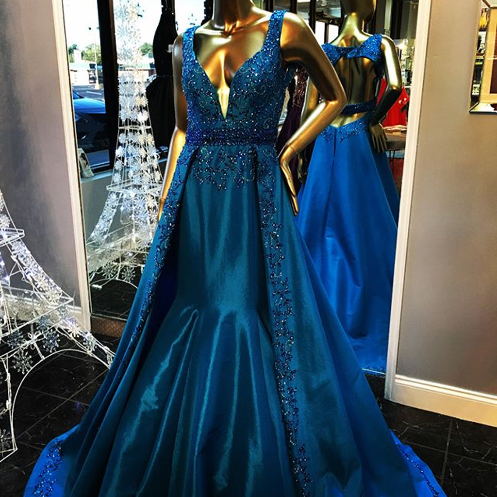 Gorgeous Royal Blue Beading Rhinestone Ball Gown Backless Formal Eveni ...