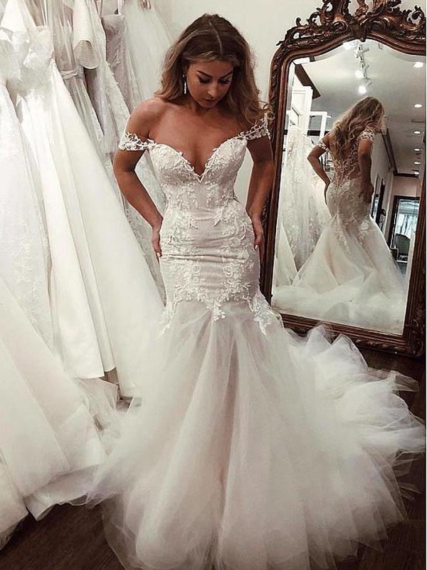 Sexy Off Shoulder V Neck Lace Mermaid With Train Long Wedding Dresses ...