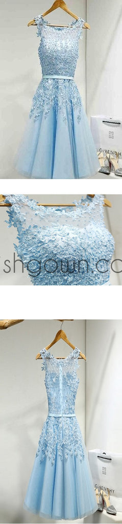 Light blue appliques lace see through lovely freshman homecoming prom ...