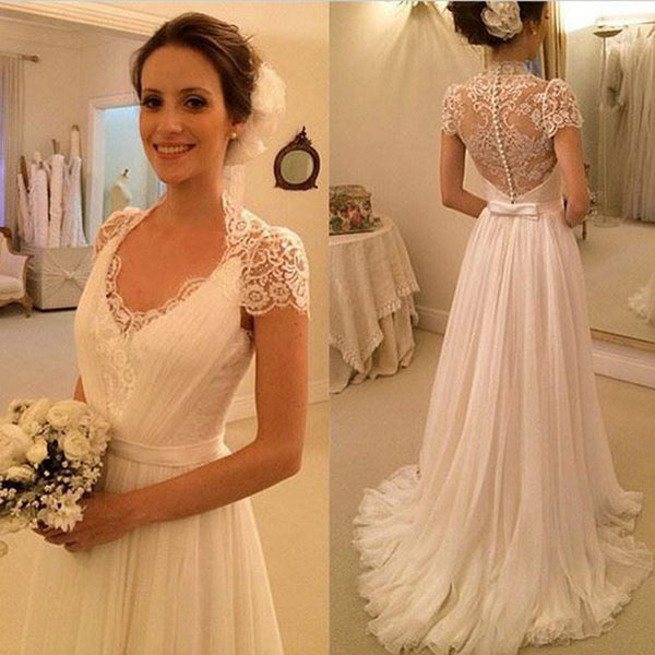 Elegant Cap Sleeve See Through Lace Top Sheath Cheap Wedding Dresses