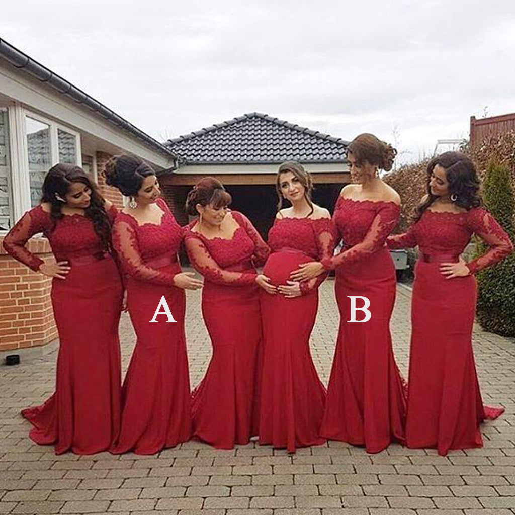 Red Lace Mermaid Long Sleeves Mismatched Long Wedding Bridesmaid Dress Wish Gown 