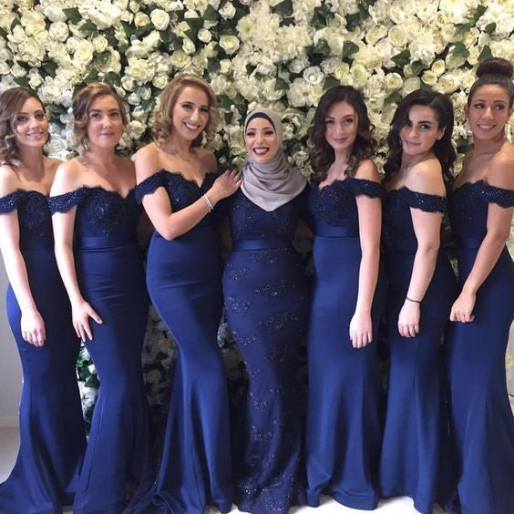 royal blue off the shoulder bridesmaid dress