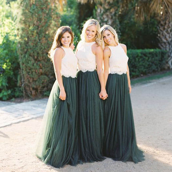 2 Pieces Off White Lace Teal Green Tulle Long Wedding Bridesmaid Dress ...