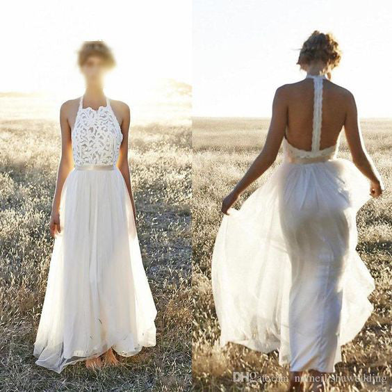 Simple Lace Top Chiffon Formal Long Brides Beach Wedding Dresses