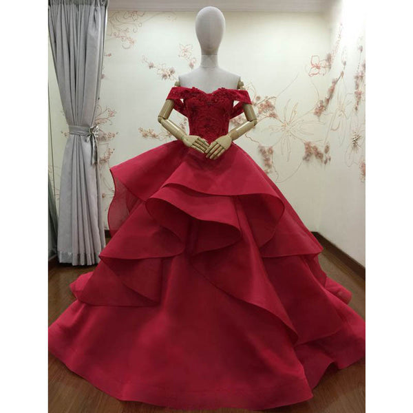 red off the shoulder ball gown