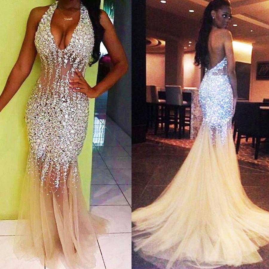 Sexy Sparkle Popular Open Back Heavy Beaded Halter Mermaid Long Prom D ...