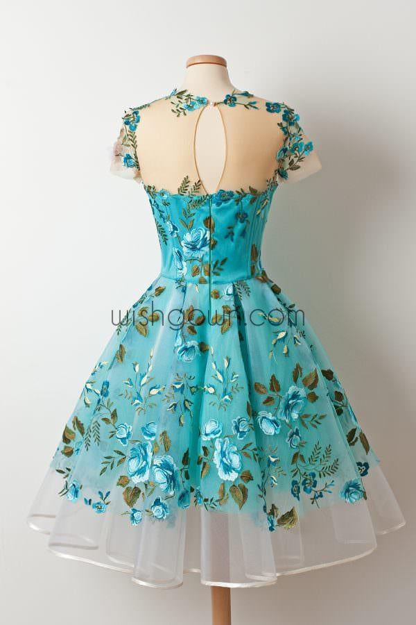 Short Sleeves Unique Applique Blue Short Homecoming Dresses, WG804 ...